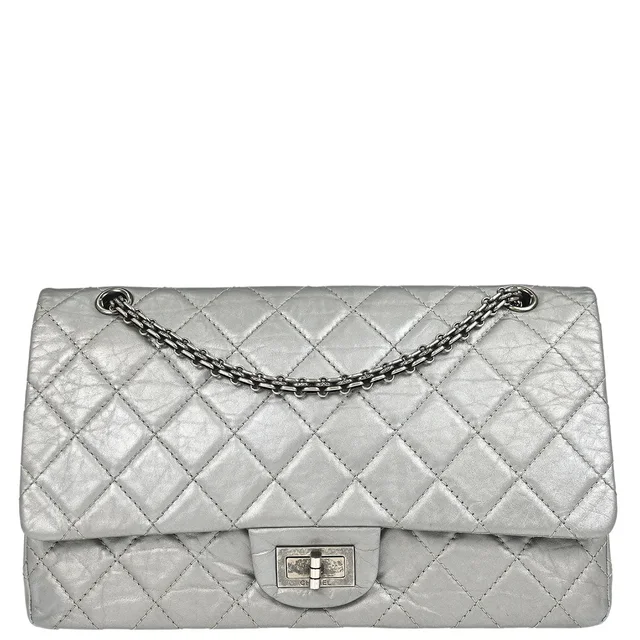 Chanel 2011 Silver Calfskin 2.55 Jumbo Classic Double Flap Shoulder Bag in Silver Calfskin from AMORE Vintage Tokyo