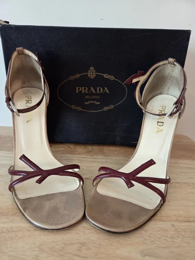 Prada Vintage Vine And Leaf Tan And Burgundy Leather Ankle-Strap Heels Size 39 in brown|neutral Leather from Poshmark