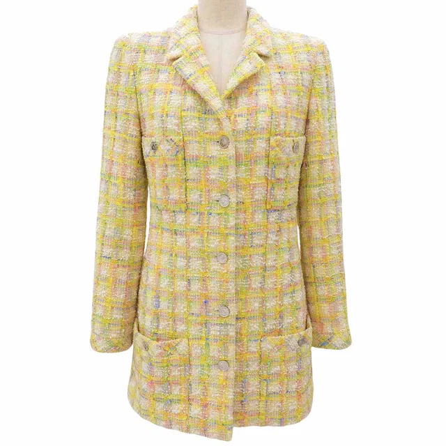Chanel 1996 Tweed Check Pattern CC Mark Coin Button Coat #38 Yellow/Multi in Yellow Tweed from VINTAGE QOO TOKYO