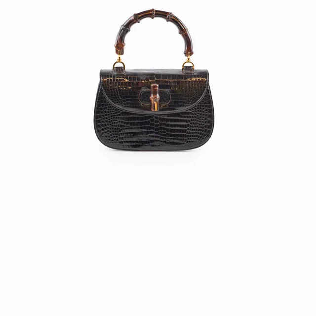 Gucci Vintage Bamboo Top Handle Crocodile Shiny Black in Black Crocodile from The Purse Affair
