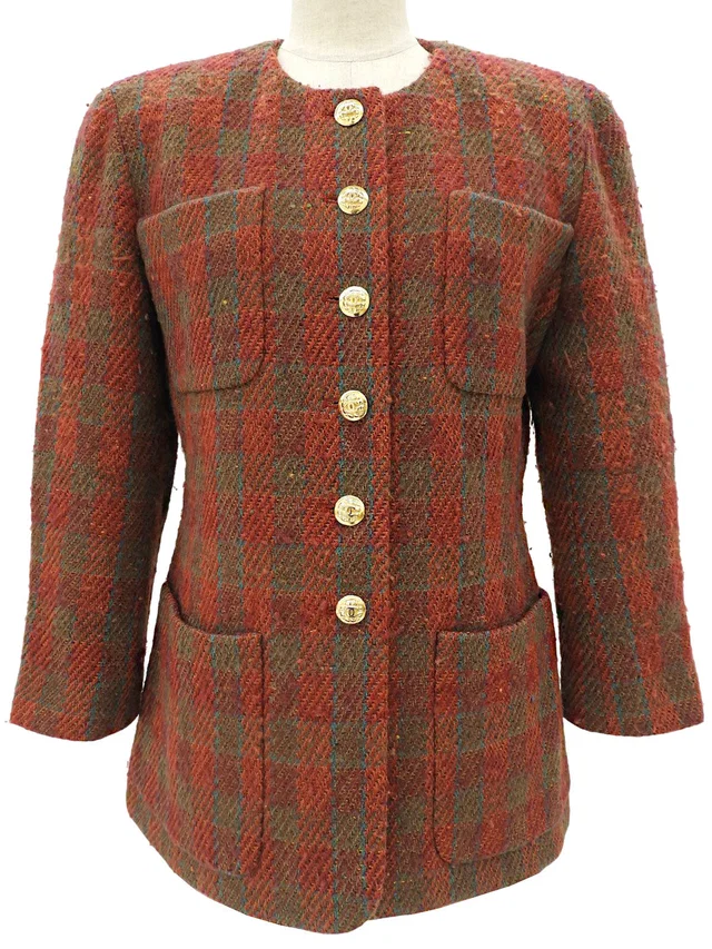 Chanel Tweed Check Pattern CC Mark Button Jacket Red/Khaki in Red Tweed from VINTAGE QOO TOKYO