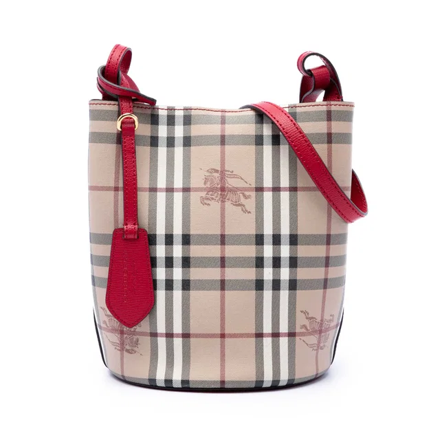 Red Burberry Haymarket Check Coated Canvas Lorne Bucket Bag in Red Coated canvas from Designer Revival