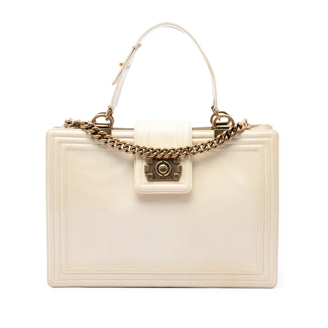 White Chanel Calfskin Boy Reverso Shopping Tote Satchel in White Calfskin from Designer Revival