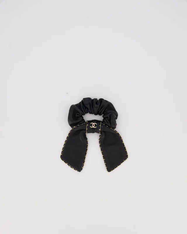 Chanel Bow Leather Hair Scrunchie with Chain Trim Detail in Black Leather from Sellier, photo 6 of 7