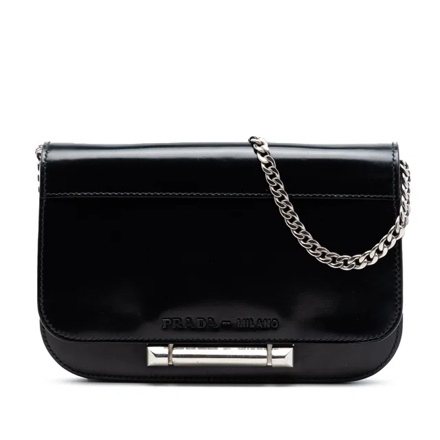 Black Prada Spazzolato Leather Sybille Flap Crossbody in Black Leather from Designer Revival