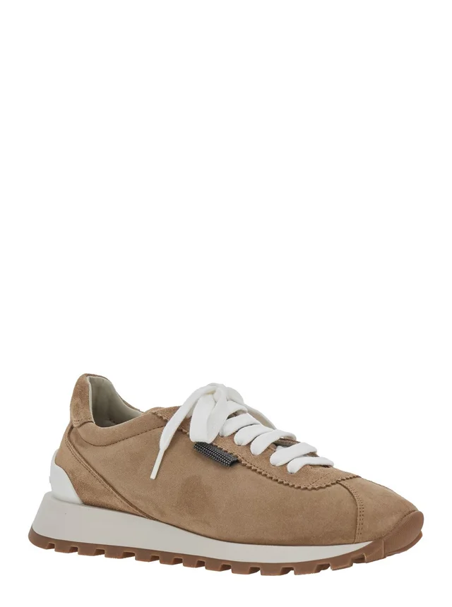 Brunello cucinelli Low Top Sneaker with Monile Detail on the Side and Lettering Logo on the Tongue in Brown Suede for Women in Brown 100% Calf, photo 4 of 8 from Gaudenzi Boutique