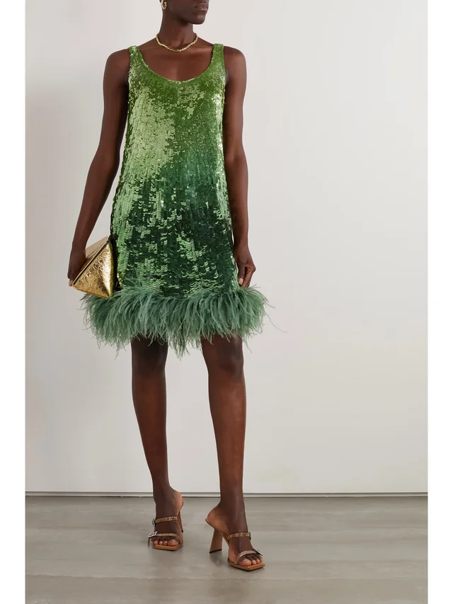 VALENTINO GARAVANI Feather-trimmed sequined satin mini dress in Green, photo 2 of 2 from NET-A-PORTER (Canada)