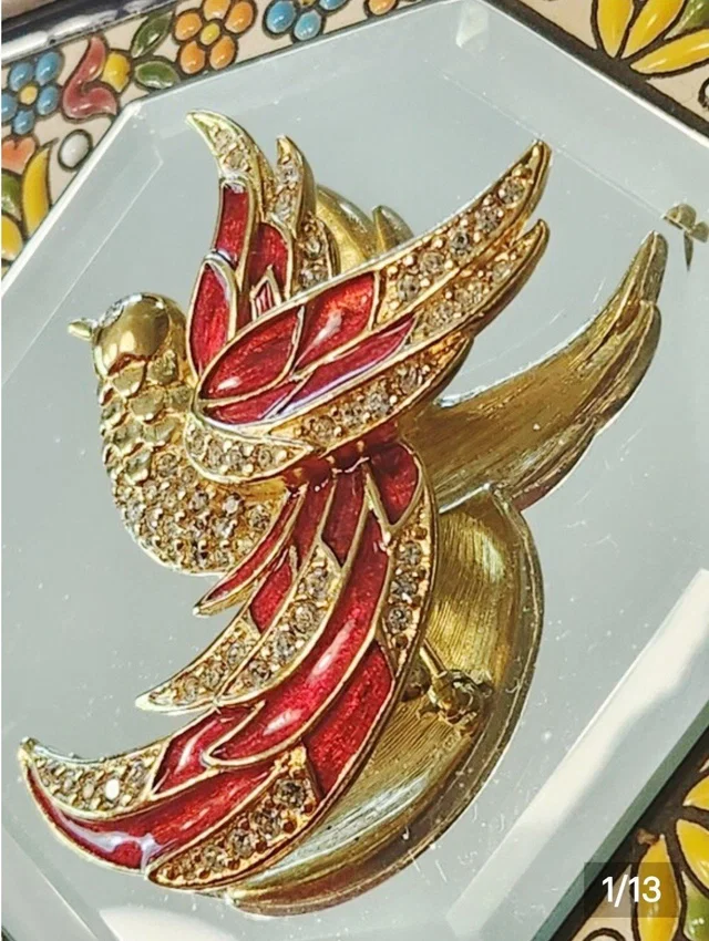 Giorgio Armani Giorgio Bird Of Paradise Brooch Rhinestone Gold Tone Red Vintage Signed Enamel in gold|red from Poshmark
