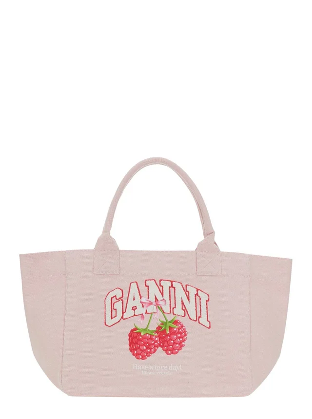 GANNI 'Trapeze Medium' Pink Tote bag with logo lettering and print on the front in cotton for women in Pink, photo 2 of 10 from Gaudenzi Boutique