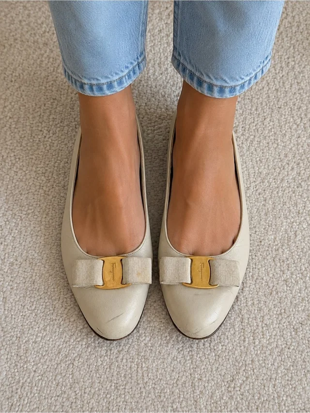 Ferragamo Cream Leather Vara Bow Flats in gold Leather from Poshmark