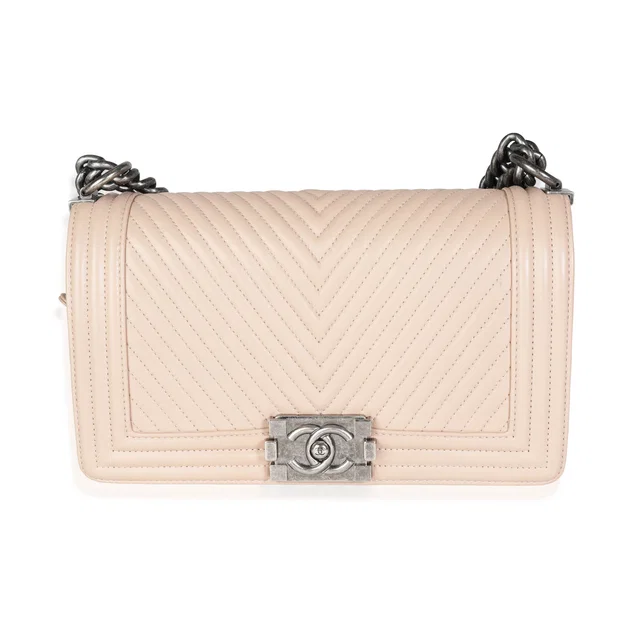 Chanel Light Beige Chevron Quilted Lambskin Medium Boy Bag Leather Handbag in Beige Lambskin from HEWI