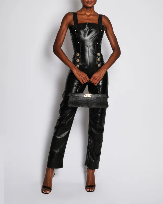 Balmain Black Leather Jumpsuit with Lion Button and Pocket Detail Size FR 36 (UK 8) in Black Leather from Sellier
