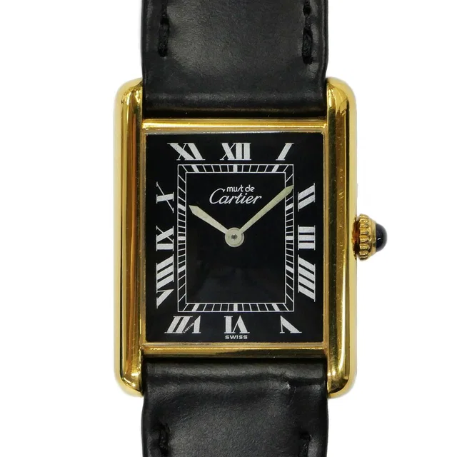 Cartier Must Tank LM Black Dial 925 Leather Vintage Manual Wind Watch in Black Leather from The Reluxe