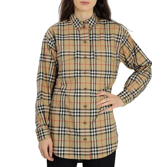 Burberry Ladies Vintage Check Stretch Cotton Oversized Shirt, Brand Size 10 (US Size 8) in white|neutral from Jomashop.com