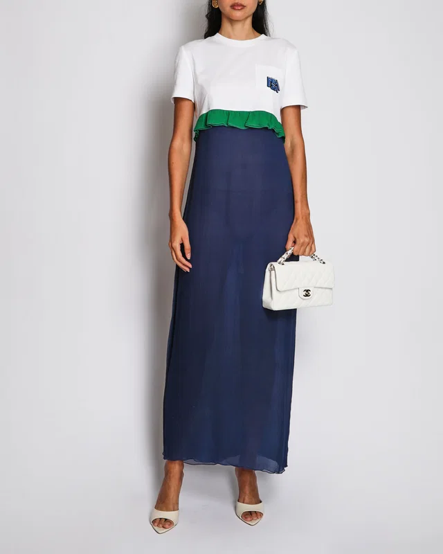 Prada White and Navy Short-Sleeved Jersey Maxi Dress with Chiffon Sheer Bottom and Green Ruffle… in White Silk from Sellier