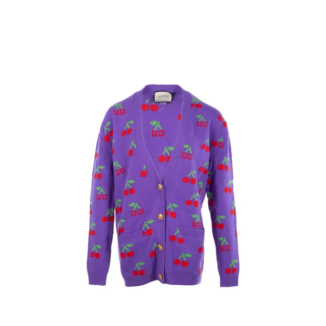 Gucci Size S GG Cherry Intarsia Knit Cardigan Wool Purple in Purple Wool from EMIER
