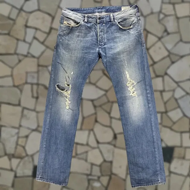 Diesel Jeans Mens 36x34 Blue Safado Slim Straight Distressed Button Fly Raw Hems in blue Denim from Grailed