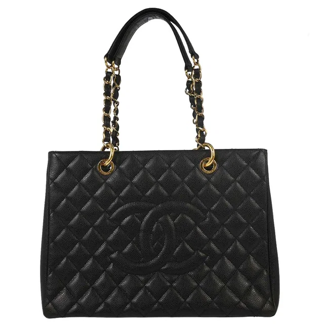 Chanel 2014 Black Caviar Skin Grand Shopping Tote GST Chain Handbag in Black Caviar leather from AMORE Vintage Tokyo