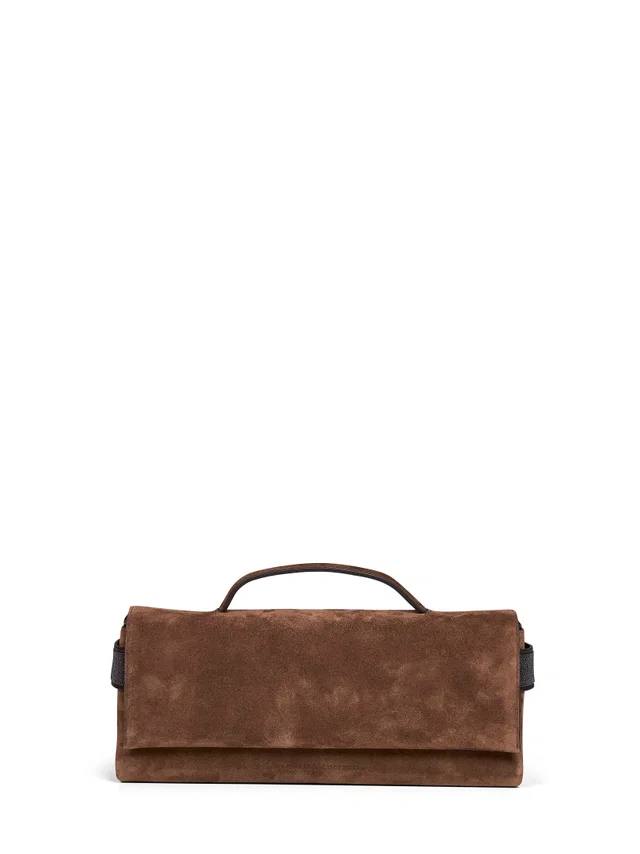 Brunello Cucinelli Suede Foldover Top Handle Clutch — Brown Leather Bags in Brown Suede from HEWI