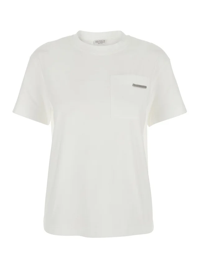 BRUNELLO CUCINELLI White Crew Neck T-Shirt with Monile Detail on the Front in Cotton for Women in White 100% Cotton, photo 2 of 6 from Gaudenzi Boutique