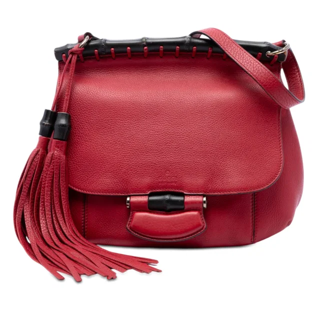 Red Gucci Medium Leather Bamboo Nouveau Fringe Crossbody in Red Leather from Designer Revival