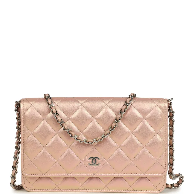 Chanel Classic Wallet On Chain WOC Pink Iridescent Calfskin Silver Hardware in Pink Calfskin from Madison Avenue Couture