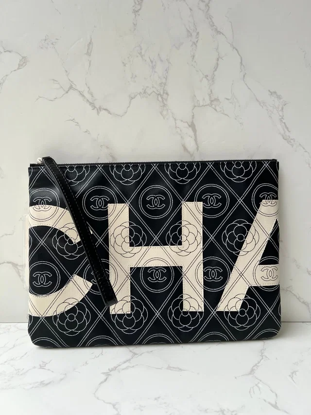 Chanel Camillia O Case Medium Quilted Canvas Black/Cream PHW #25 Comes with Dustbag in Black Canvas from Luxury Promise