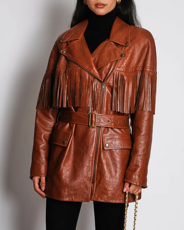 Chloé Belted Leather Jacket in Clay Brown with Fringe Details Size FR 40 (UK 12) in Brown Leather from Sellier