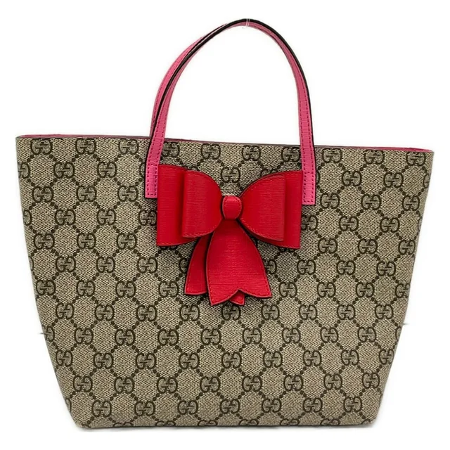 Gucci Tote GG Supreme Canvas Bow Beige Bordeaux Multi Ribbon Mini Bag Leather in Beige Canvas from The Reluxe