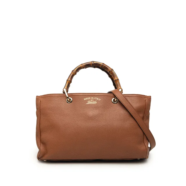 Brown Gucci Medium Calfskin Bamboo Shopper Satchel in Brown Calfskin from Designer Revival
