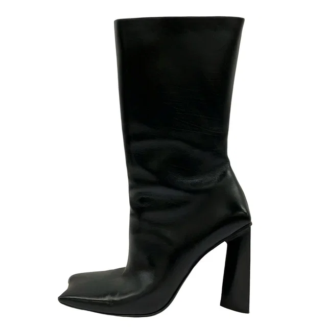 Balenciaga Long Boots Black Square Toe Asymmetric Design Leather in Black Leather from The Reluxe