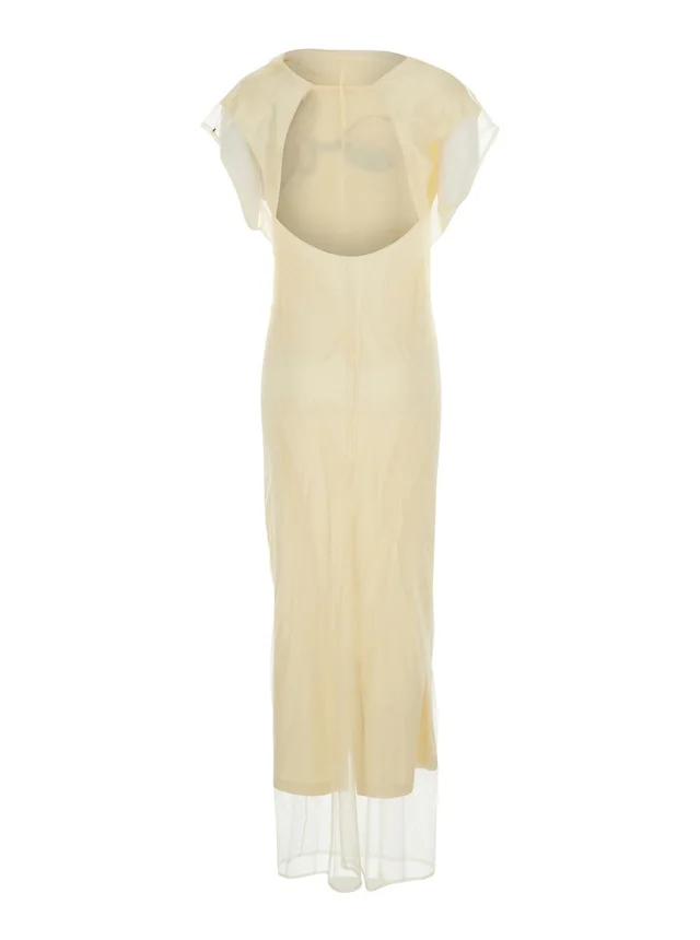 SPORTMAX 'Viale' Yellow Long Dress with Floral Motif on the Front and Round Neckline on the Back in Stretch Tech Fabric for Women in Yellow 88% Polyamide 12% Elastane, photo 4 of 6 from Gaudenzi Boutique