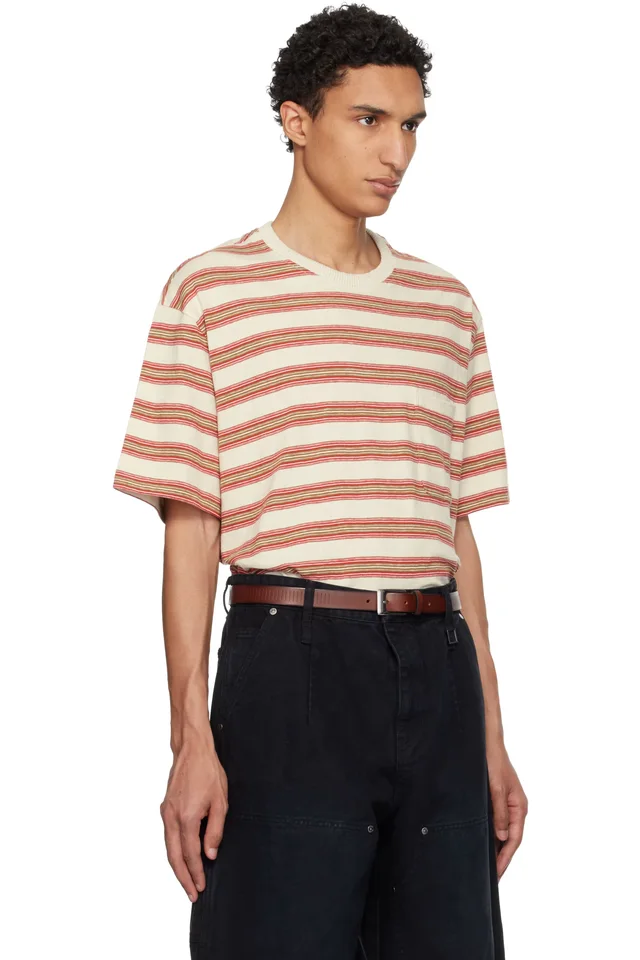 WOOYOUNGMI Beige & Red Stripe T-shirt, photo 2 of 4 from SSENSE
