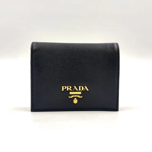 Prada Saffiano Multicolor Compact Wallet Leather Black Bifold Gold in Black Saffiano leather from The Reluxe