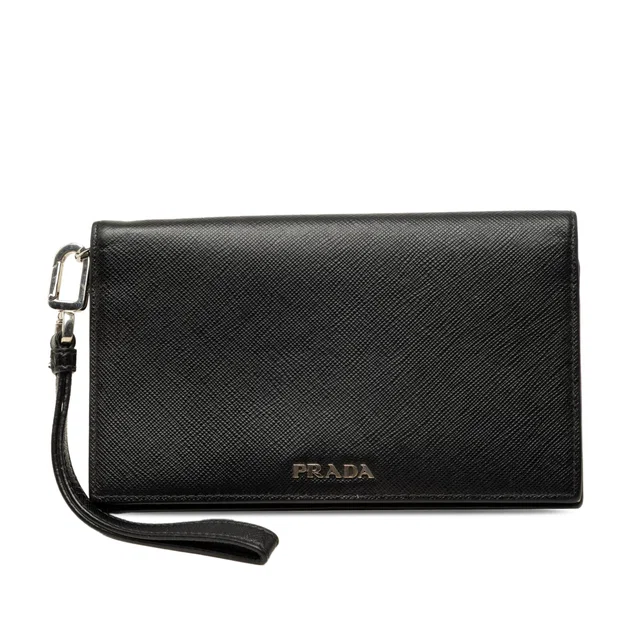 Black Prada Saffiano Wristlet Long Wallet in Black Saffiano leather from Designer Revival