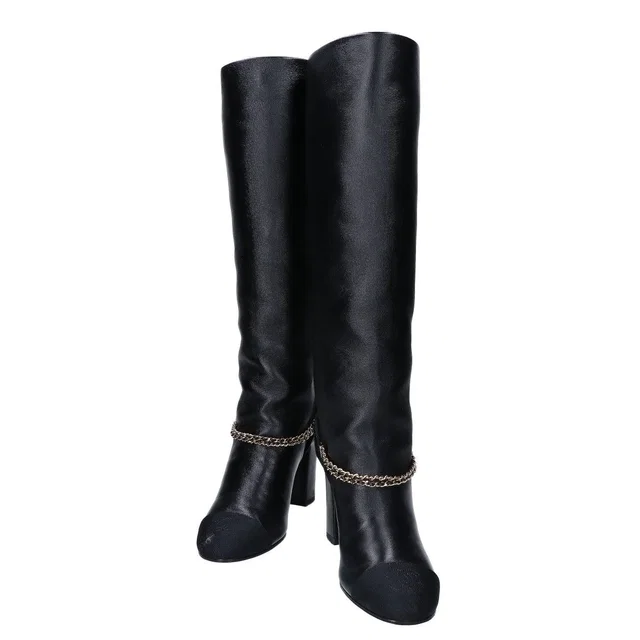 Chanel 23A CC Logo to Chain Chunky Heel Leather Long Boots in Leather from The Reluxe