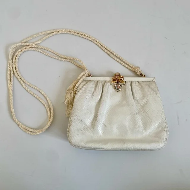 Judith Leiber White Leather Lizard Skin Rare Vintage Heart Crystal Rope Clutch in gold|white Lizard from Poshmark