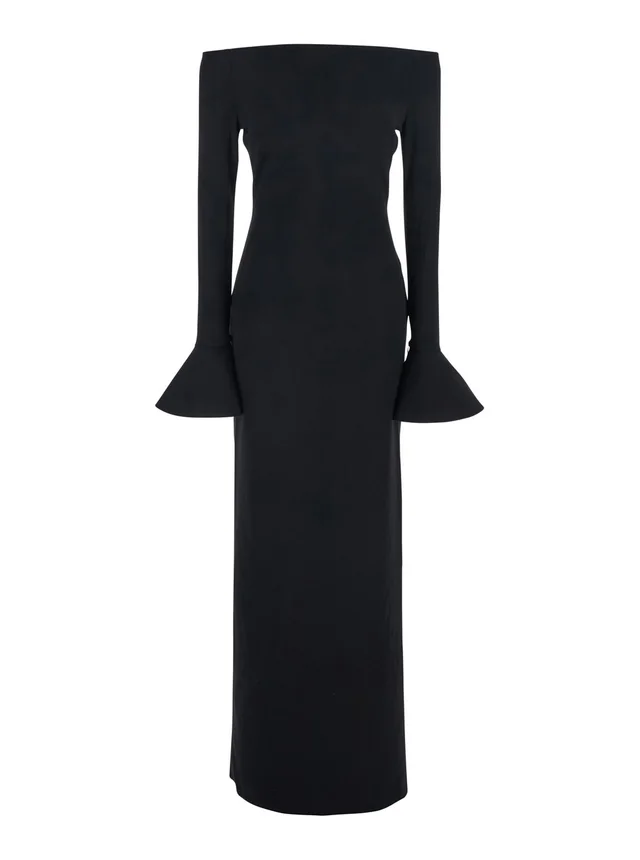 Solace london Long Dress 'Anica' with Square Neckline and Flared Cuffs in Black Fabric for Women in Black 95% Polyester 5% Elastane, photo 2 of 6 from Gaudenzi Boutique