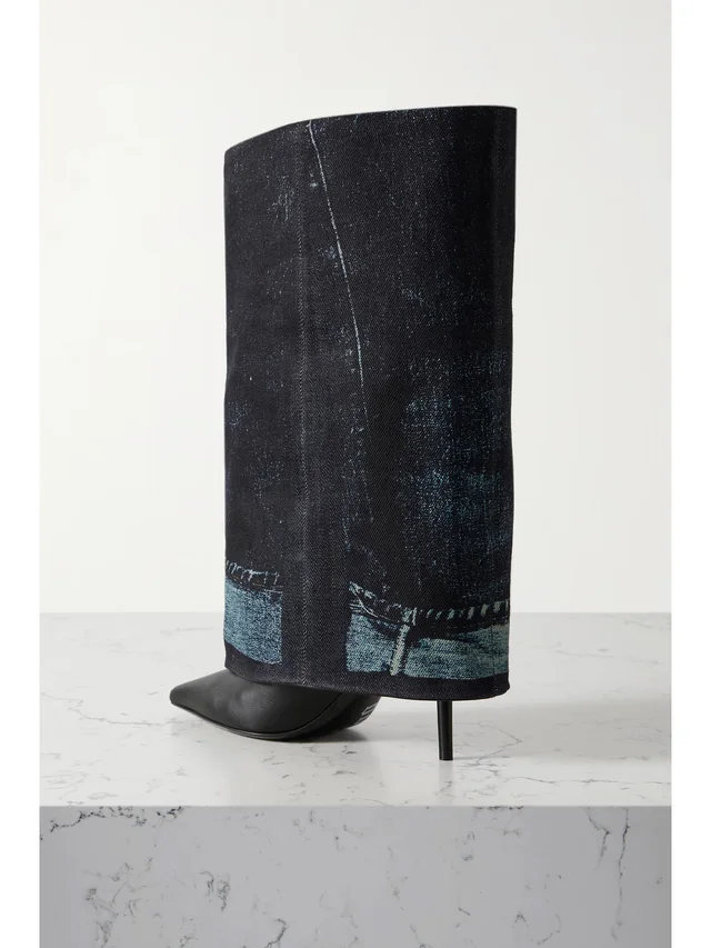 JIMMY CHOO + Jean Paul Gaultier 90 printed denim and leather over-the-knee boots in dark denim 50% Leather 40% Textile fibers 10% Various Materials, photo 3 of 4 from NET-A-PORTER (Canada)