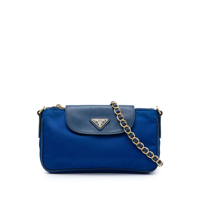 Blue Prada Saffiano Trimmed Tessuto Chain Crossbody in Blue Saffiano leather from Designer Revival