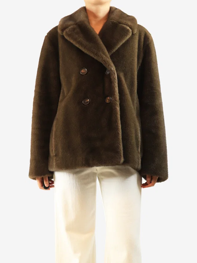 Max Mara Brown Laura faux-fur double-breasted jacket - size UK 16 in Brown from Sign of the Times