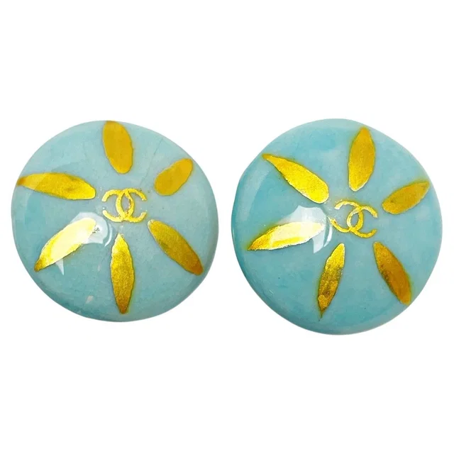 Chanel Coco Mark Light Blue Earrings Pottery GP Vintage Ladies Accessories in Blue Ceramic from The Reluxe