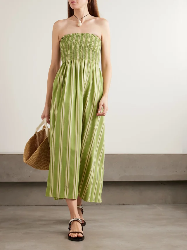 FAITHFULL Jamie strapless striped shirred cotton-poplin midi dress in Green, photo 2 of 2 from NET-A-PORTER (Canada)