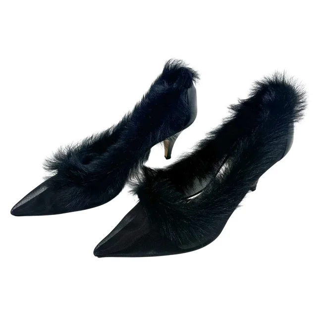 Khaite Mesh Fur River Iconic Pointed Toe Pump Heel Size 40 Us 10 3" Heel in black Leather from Poshmark