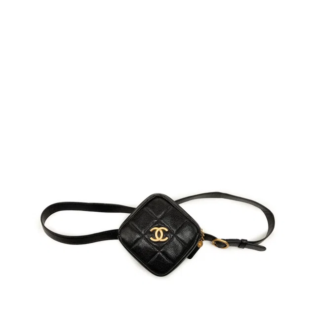 Black Chanel CC Quilted Caviar Diamond Coin Purse Belt Bag in Black Caviar leather from Designer Revival