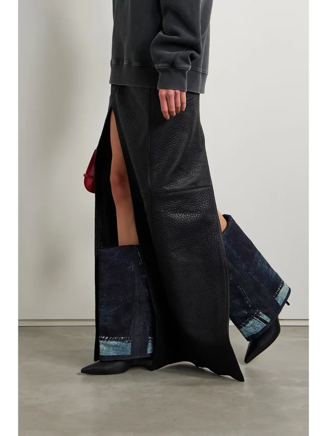 JIMMY CHOO + Jean Paul Gaultier 90 printed denim and leather over-the-knee boots in dark denim 50% Leather 40% Textile fibers 10% Various Materials, photo 2 of 4 from NET-A-PORTER (Canada)