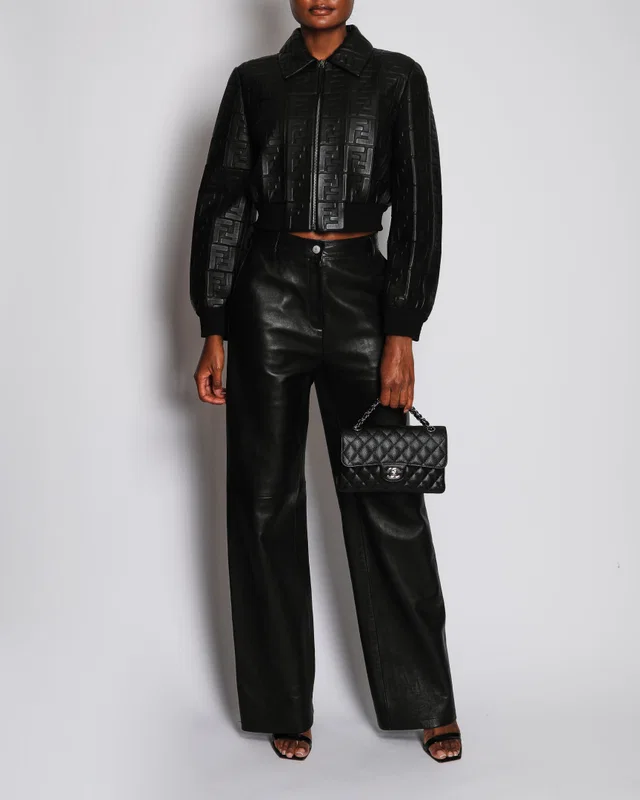 Fendi Black Cropped Logo Print Bomber Leather Jacket with Collar Detail Size IT 44 (UK 12) in Black Leather from Sellier