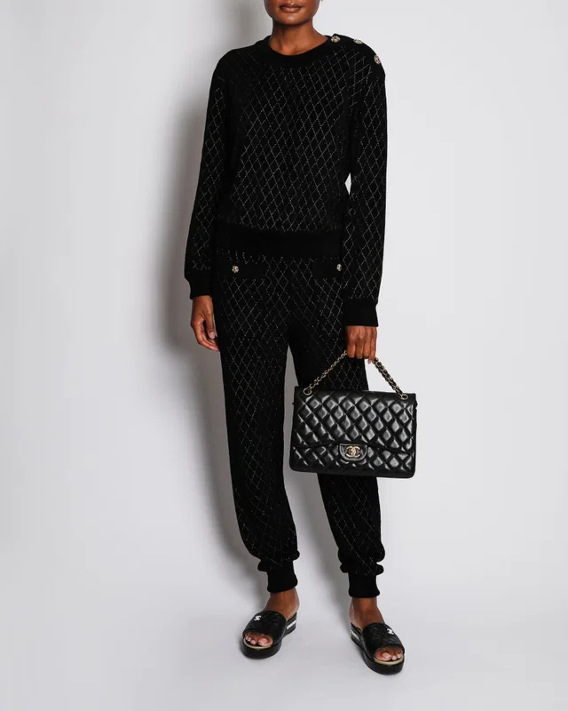 Chanel 20/C Black Quilted Knitted Trousers with CC Embellished Button Detail Size FR 40 (UK 12) in Black from Sellier