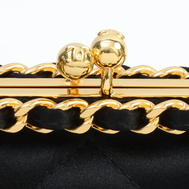 Chanel Circa 1995 Silk Satin CC Mark Kiss-Lock Chain Shoulder Bag, Black in Black Satin from VINTAGE QOO TOKYO, photo 7 of 12