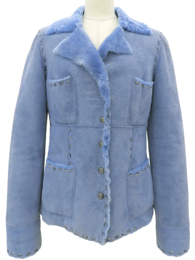 Fendi Mouton Logo Button Jacket #42 Light Blue in Blue from VINTAGE QOO TOKYO